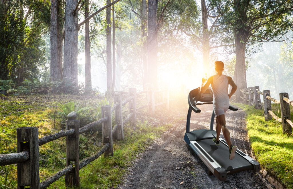 Man running on a treadmill concept for exercising, fitness and healthy lifestyle. Mixed media